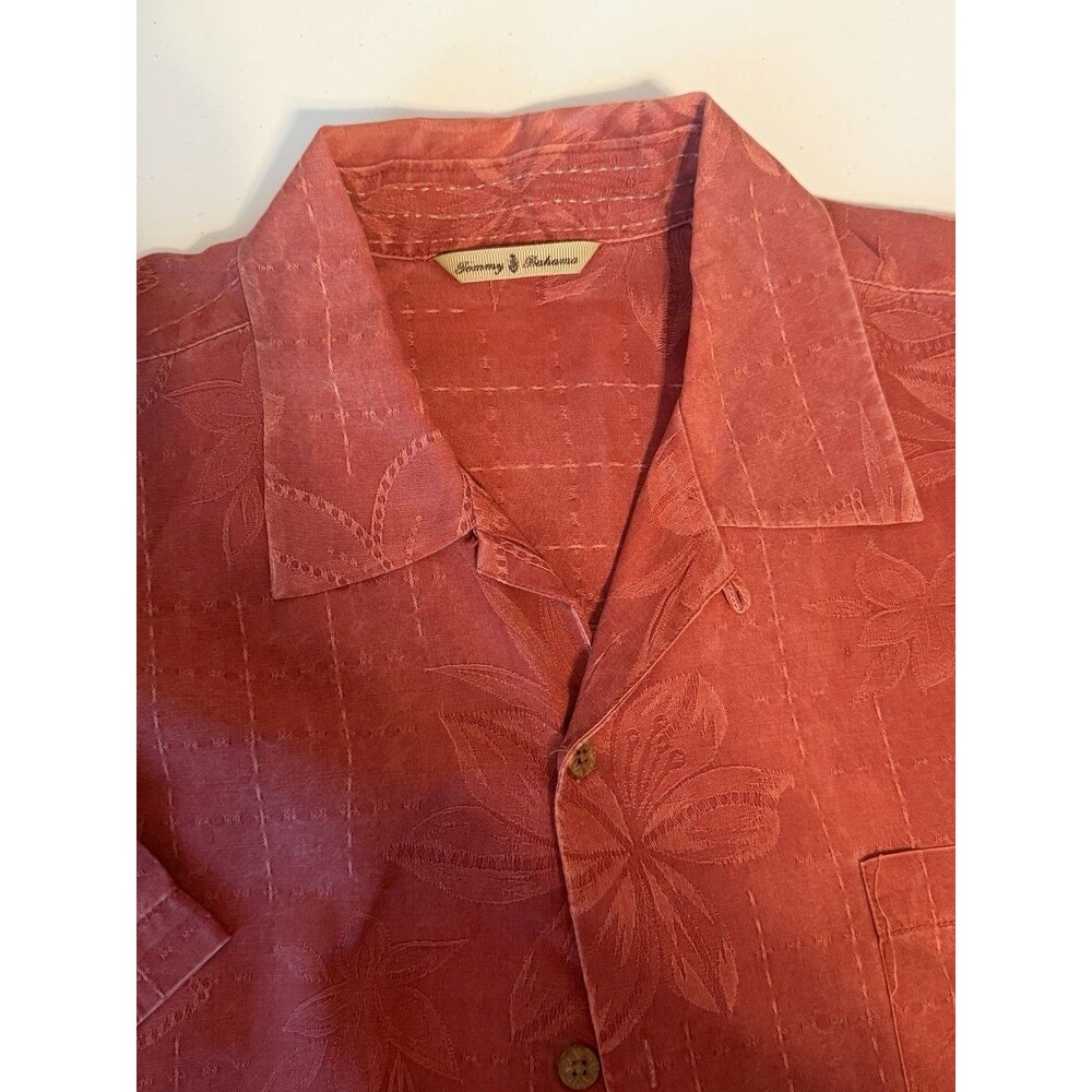 Tommy Bahama Men Large 100% Silk Camp Shirt Terracotta Coral Floral Jacquard